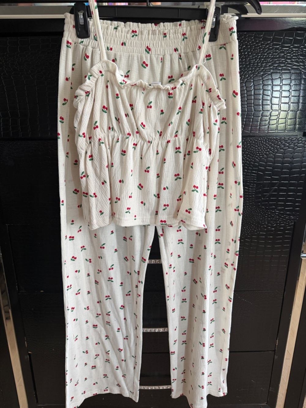 Cream Cherry Print Spaghetti Strap Crop Top and Pants Set